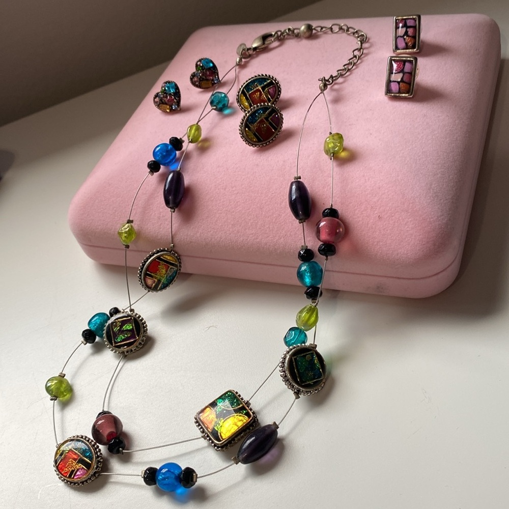 Vibrant Multicolor Mosaic Necklace with Earrings Trio. Vintage. EUC